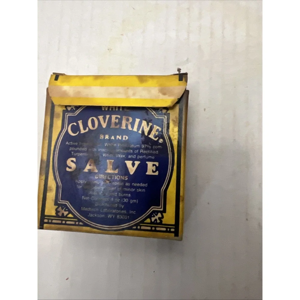 Vintage White Cloverine Salve Tin Bright Graphics With Salve Inside Great Colors